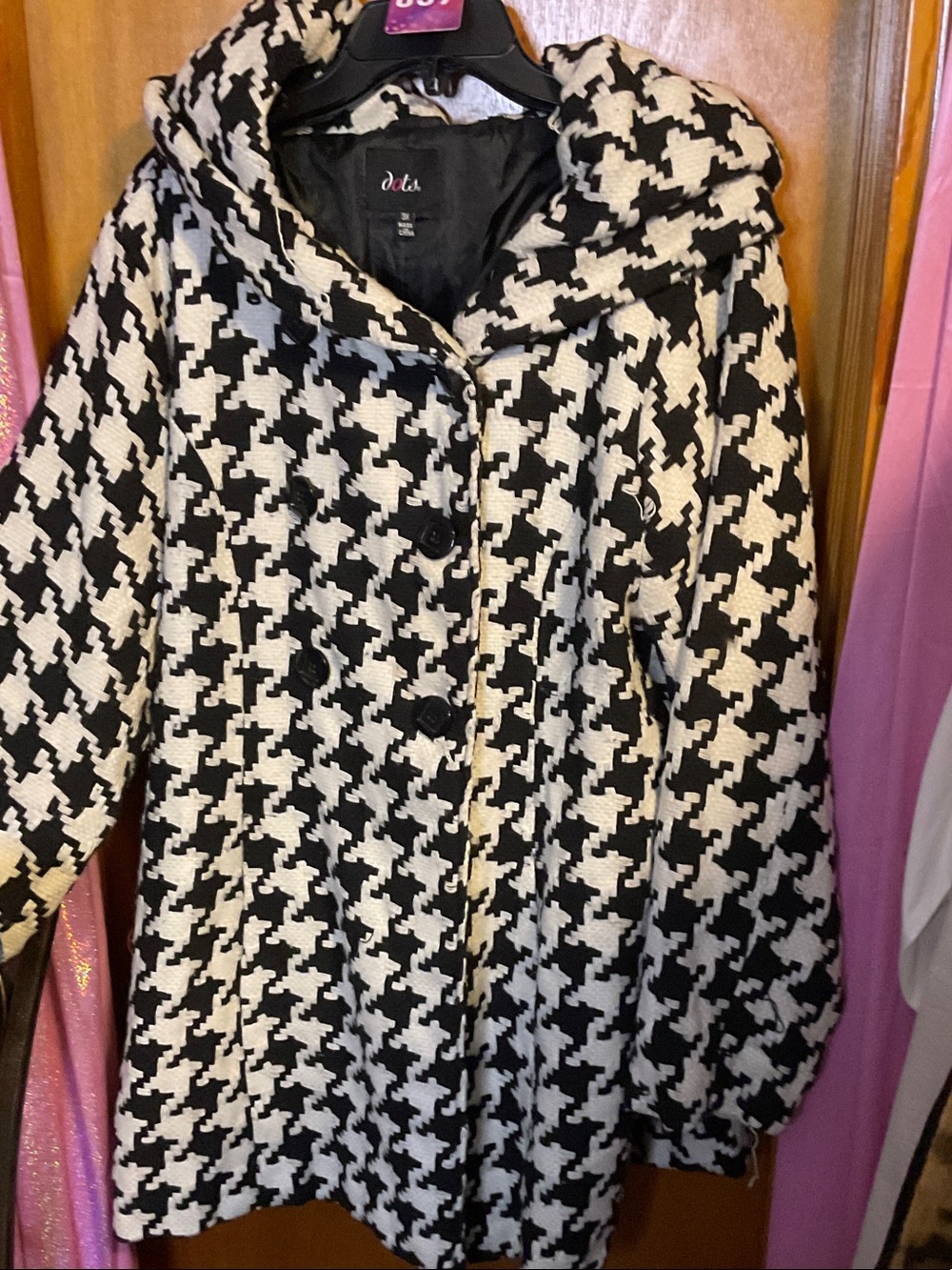 37 - Dots Black and White Houndstooth Hooded Pea Coat